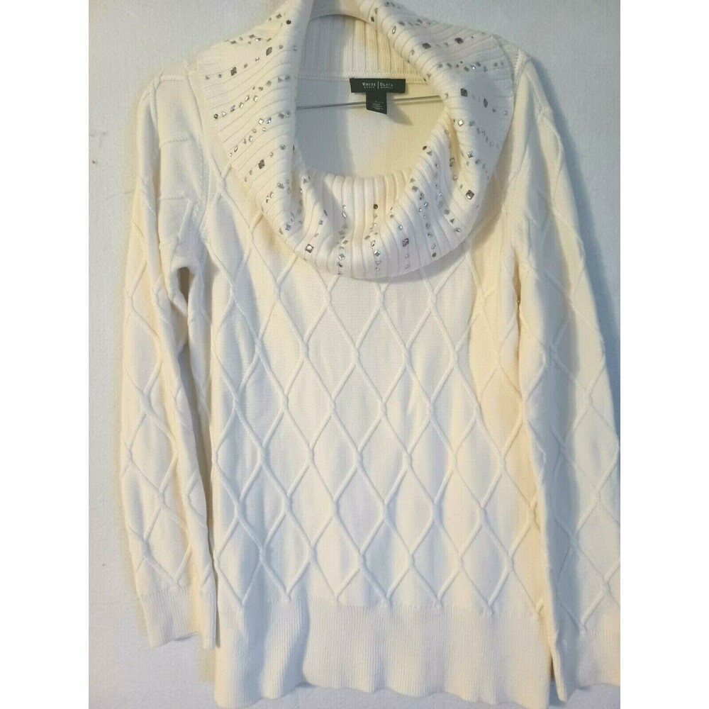 White House Black Market Sweater Women L Cream Long Ivory tunic Cowl Bling